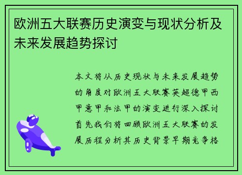 欧洲五大联赛历史演变与现状分析及未来发展趋势探讨